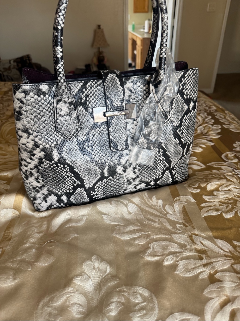 Aldo Black & White Snake-Print Satchel
